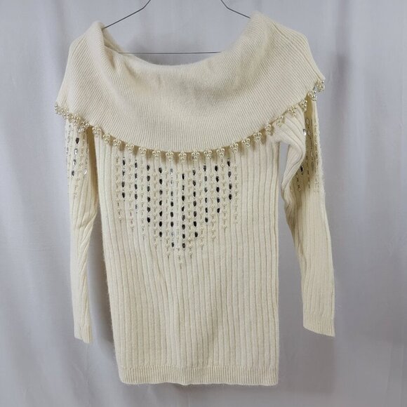 Vintage Pappagallo Beaded Pearl Off-Shoulder Sweater | Angora Wool Blend - Picture 2 of 11